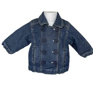 Girls 12-18M Baby Gap Pink Plaid Lined Double Breasted Denim Jean Jacket